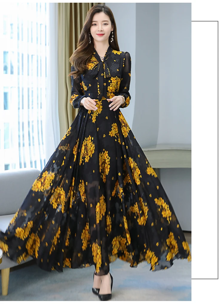 2021 New Spring And Autumn Dress Black And White Apricot Print Long Skirt High Quality Oversized Flower Long Sleeve Women's Chif 2021 New Spring And Autumn Dress Black And White Apricot Print Long Skirt High Quality Oversized Flower Long Sleeve Women's Chif