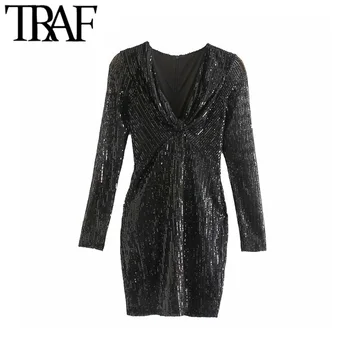 

TRAF Women Vintage Sexy Sequins Shinny Sheath Mini Dress Fashion V Neck Long Sleeve Back Zipper Party Dresses Vestidos Mujer