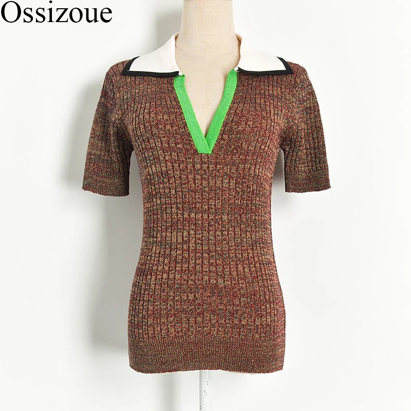2020 Spring Summer Runway Patchwork t shirt Harajuku Women V-neck Knitted Striped Vintage Tee Shirt Femme Casual Top Mujer | Женская