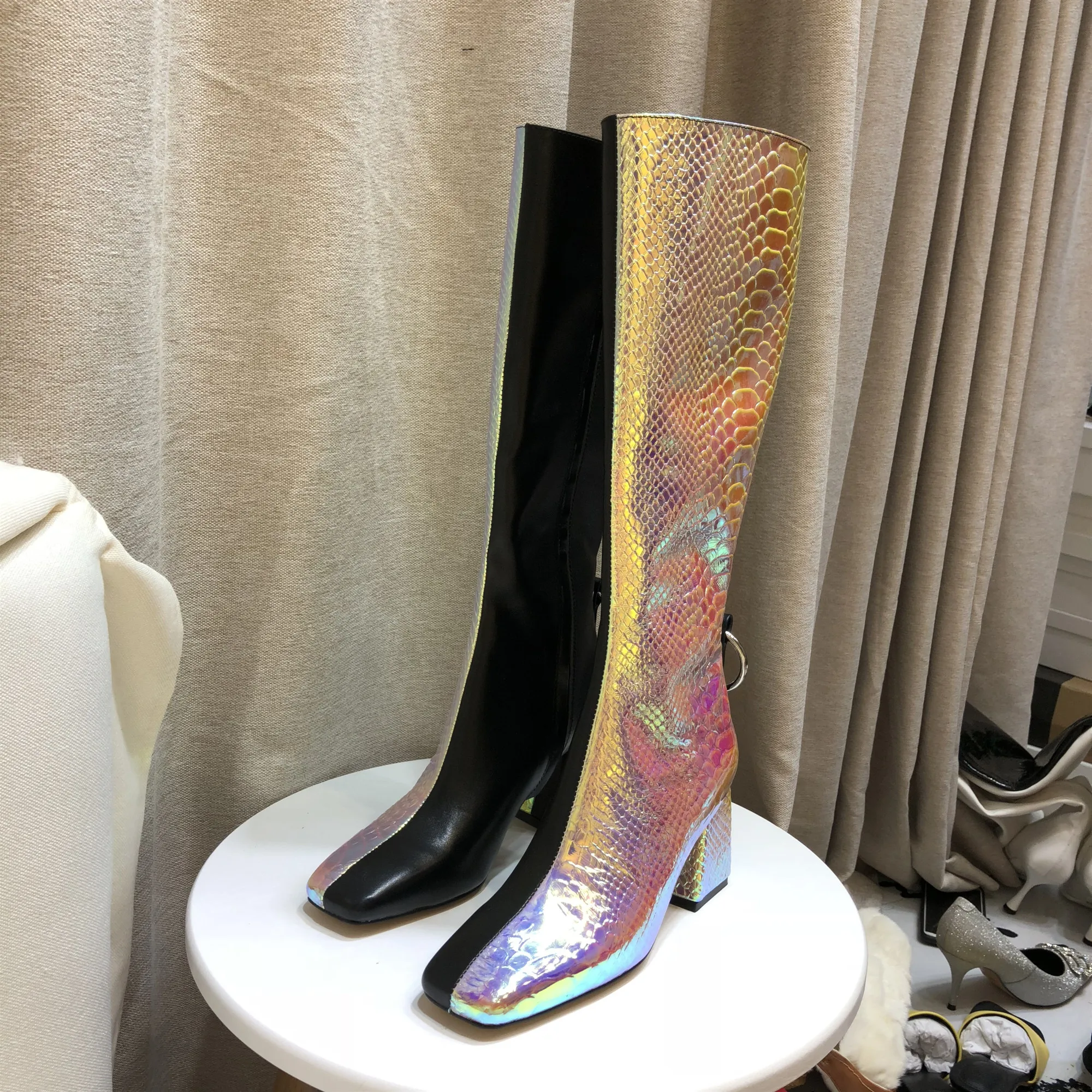 

Newest Snake pattern boots in autumn winter real leather good quality 3 color half color fashion long boots