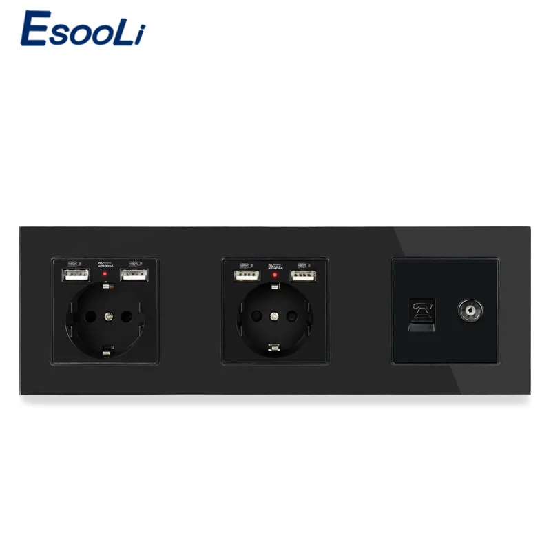 ESOOLI Европейская стандартная черная стеклянная панель двойная розетка с 4 USB