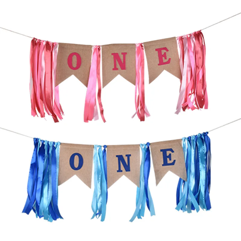 Manufacturer sells baby's 1st birthday celebration with blue pink ONE linen swallow tail banner | Дом и сад
