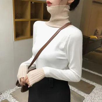 

Turtleneck Sweater Women Fashion Patchwork Knitted Pullover Jumper Autumn Winter Long Sleeve Basic Sweaters Tops truien dames