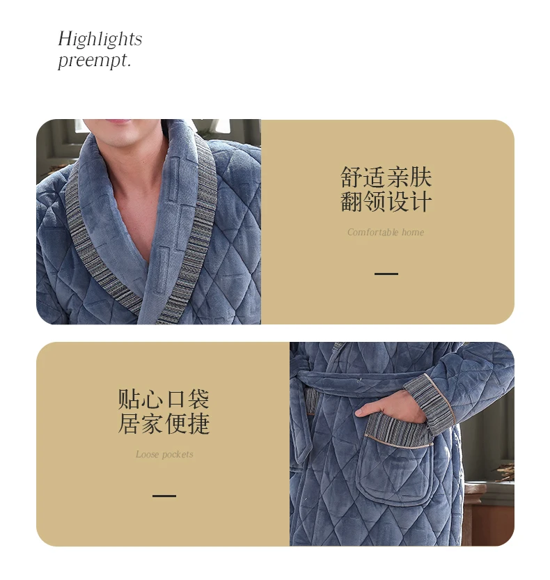 Men Robe Winter Thick Home Wear Long Night Dressing Gown 3 Layer Padded Keep Warm House Coat Luxury Men Bath Robes Velvet Kimono