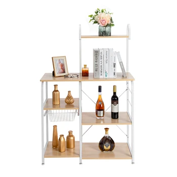 

kitchen Cart 4-Layer Kitchen White Iron Frame Microwave Oven Rack With Storage Basket + 10 Hooks-White Oak Light Beige / White