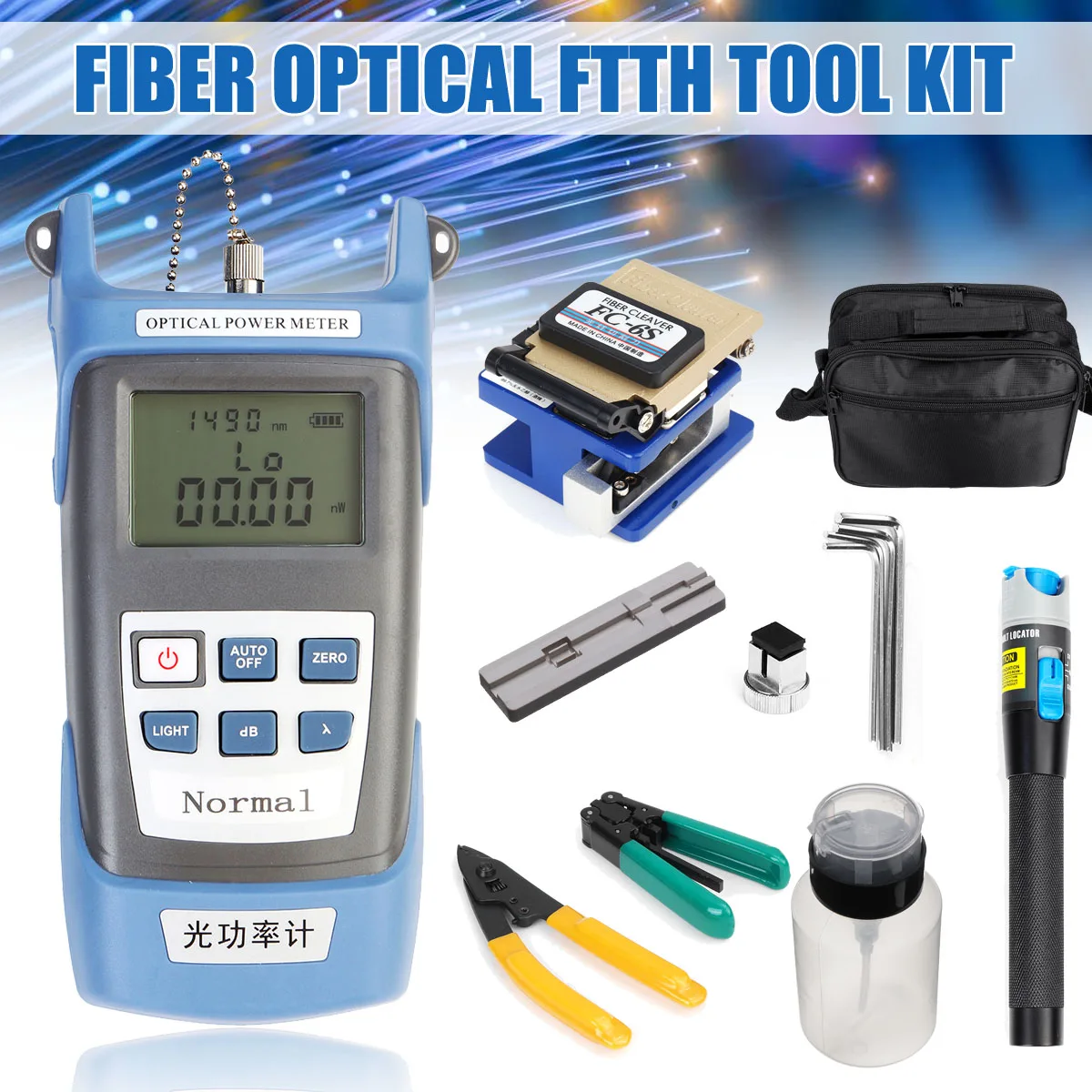 

Doersupp 13Pcs FTTH Fiber Optic Tool Kit Power Meter Cleaver Red Light Visual Fault Locator Test Pen Cable Cutter Plier Stripper