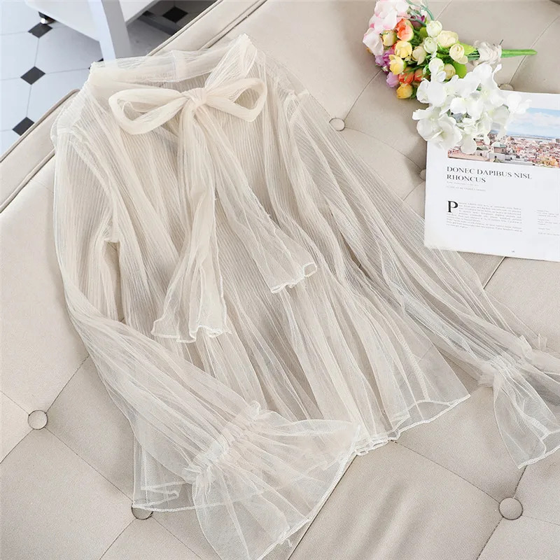 2020 New Spring Summer Women Mesh Blouse Solid Casual Tie Bow Lace Shirts Female Long Sleeve Blouses Bottoming Shirt Tops AB1825 3