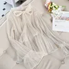 2020 New Spring Summer Women Mesh Blouse Solid Casual Tie Bow Lace Shirts Female Long Sleeve Blouses Bottoming Shirt Tops AB1825 3