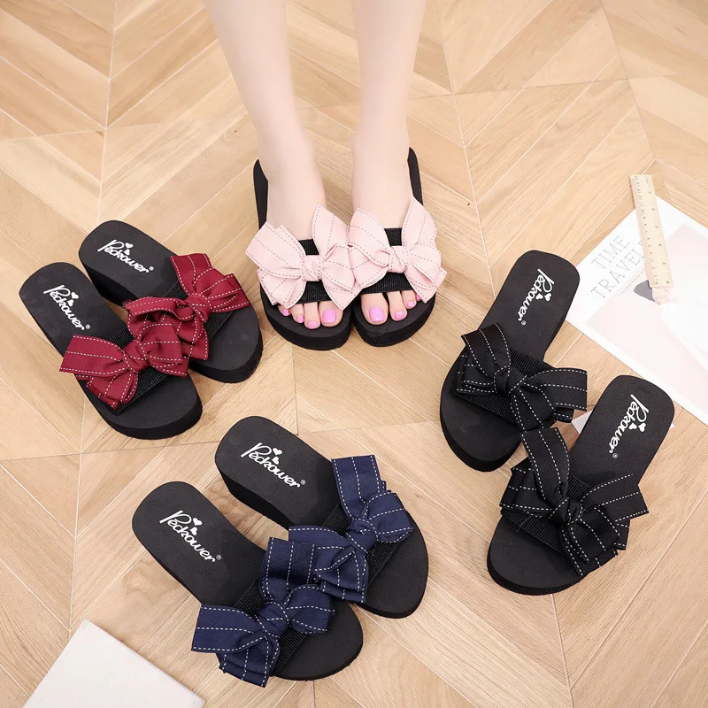 

Flash Jiao 2018 New Style Summer 6 Centimeter Sandals Handmade Sewing Bow Seaside Holiday Travel Beach Slipper