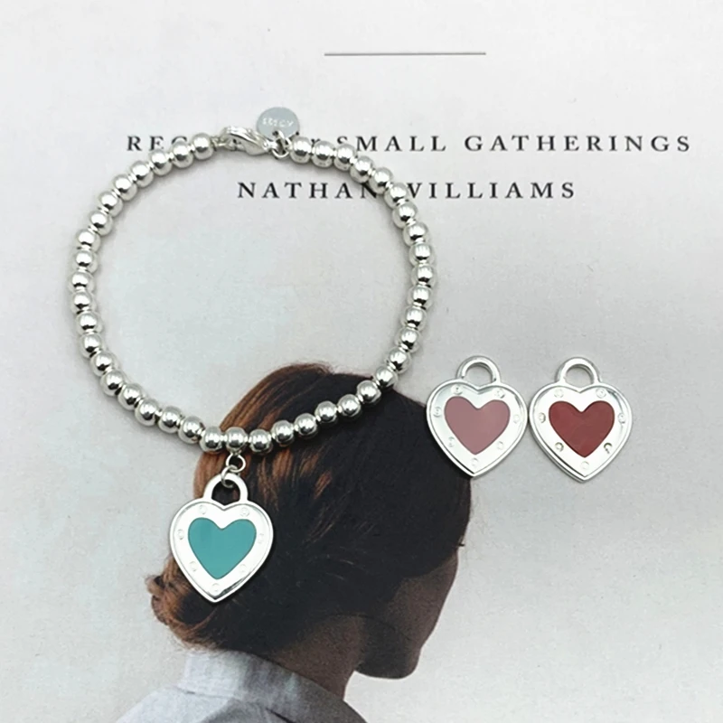 

Women Classic charm S925 Sterling silver Enamel Love Heart 4mm Bead Bracelets Bangles Luxury Brand Logo Jewelry Valentine gift