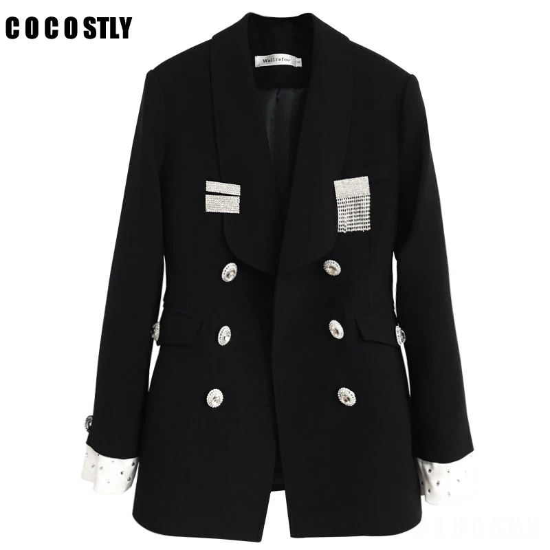 

Retro Black Bright Diamond Blazers Woman's Suits Double-breasted Long-sleeved Chic Notched OL Jacket Rhinestone Brooch