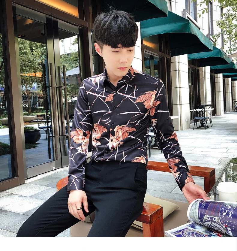 2019 с цветочным принтом рубашка Для мужчин Slim Fit повседневные рубашки с длинными рукавами Для мужчин s, для ночного клуба, уличная мода