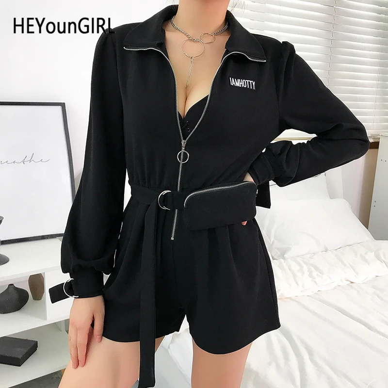 Heyoungirl Harajuku панк черный комбинезон для женщин с длинным рукавом Повседневные короткие комбинезоны с буквенным принтом боди осень высокая улица