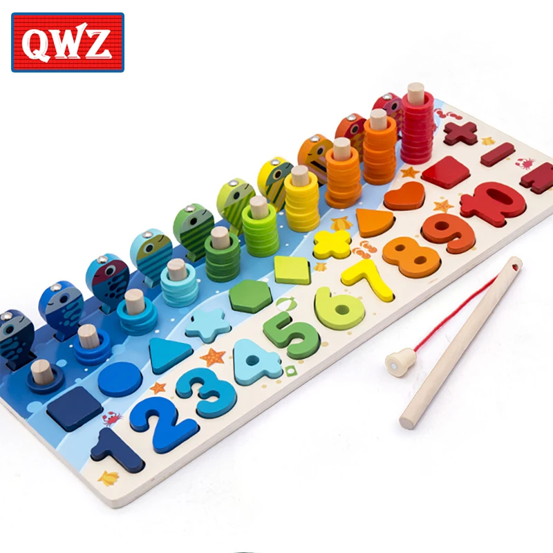 

QWZ Montessori Educational Wooden Toys For kids Board Math Fishing Count Number Matching Digital Shape Match Early Education Toy