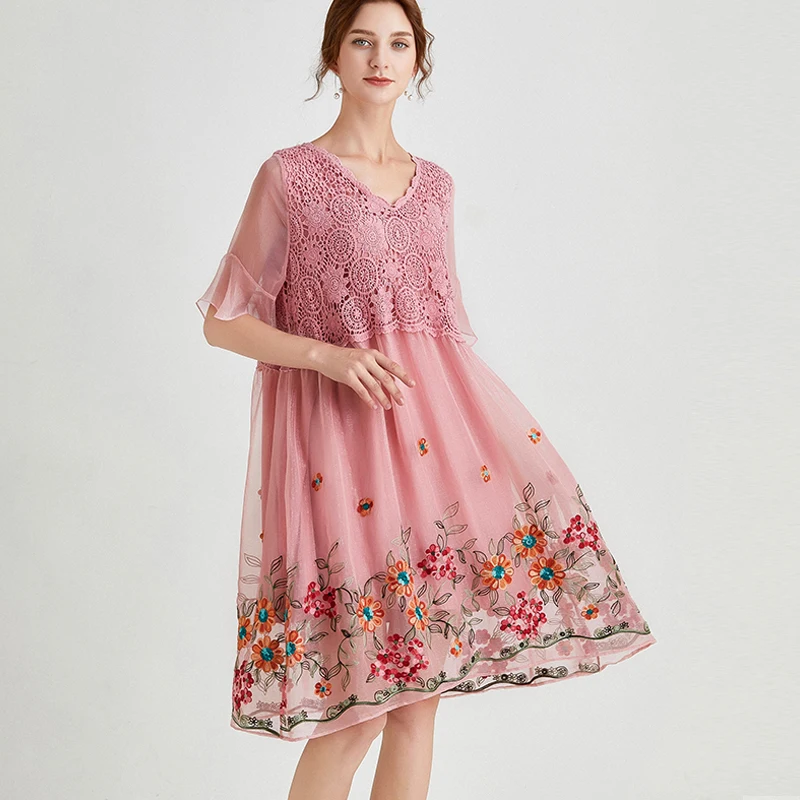 Summer Ladies Flare Dressloose Embroidered Dress Elegant V Neck Crochet ...