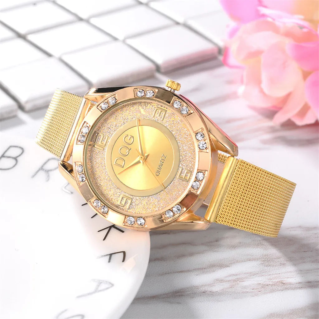 Luxury Women Watches Small standard double diamond outer ring sand face 4 scale mesh belt watch-gold Quartz WristWatch | Наручные часы