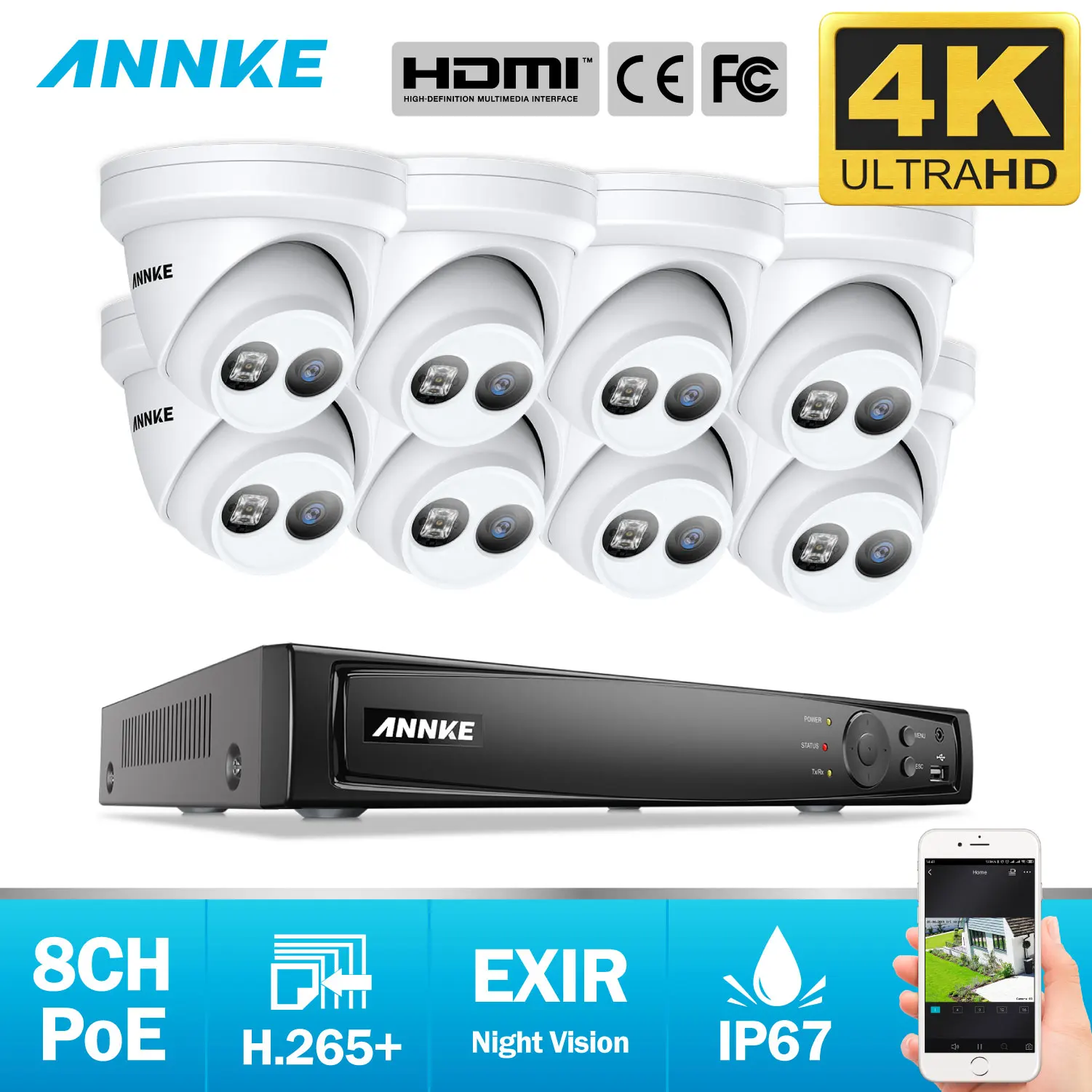 ANNKE 8CH 4K Ultra HD POE сетевая система видеонаблюдения 8MP H.265 NVR с 8X 30m EXIR ip камерой ночного