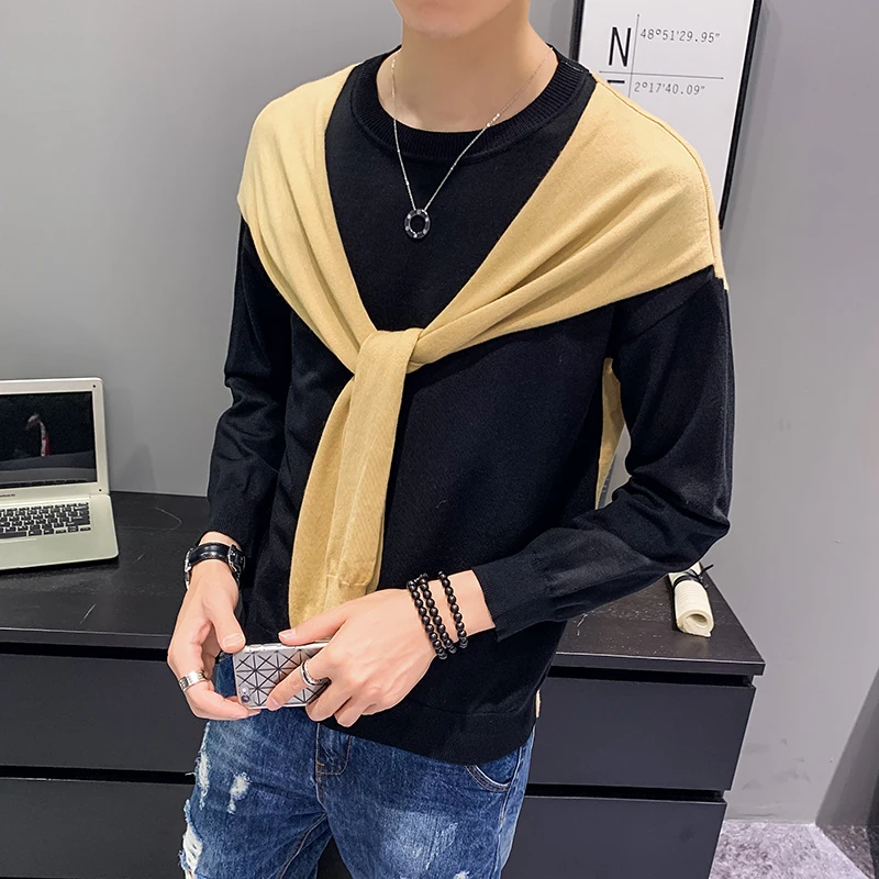 

Autumn Man Spelling Color Shawl False Two Paper Round Neck Pullover Long Sleeve Sweater Male Knitting Unlined Upper Garment
