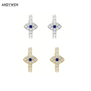 

ANDYWEN 925 Sterling Silver CZ Eye Huggies Earrings 7.5mm Mini Hoops Loops Clips Crystal Blue Zircon Fashion 2020 Women Jewelry