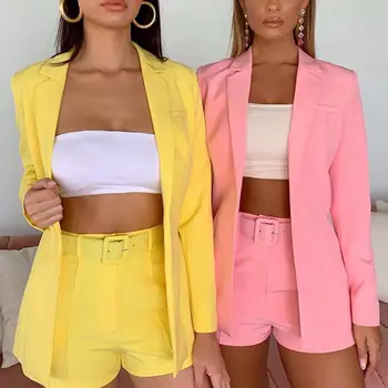 

2Pcs Office Lady Fashion Solid Color Lapel Collar Blazer High Waist Belt Short Pants Set Plus Size
