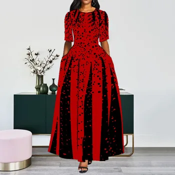 

Contrast Color Women Prom Party Dress Red Black Dot Elegant Office Long Dresses Ladies A Line Draped Vintage Maxi Vestidos