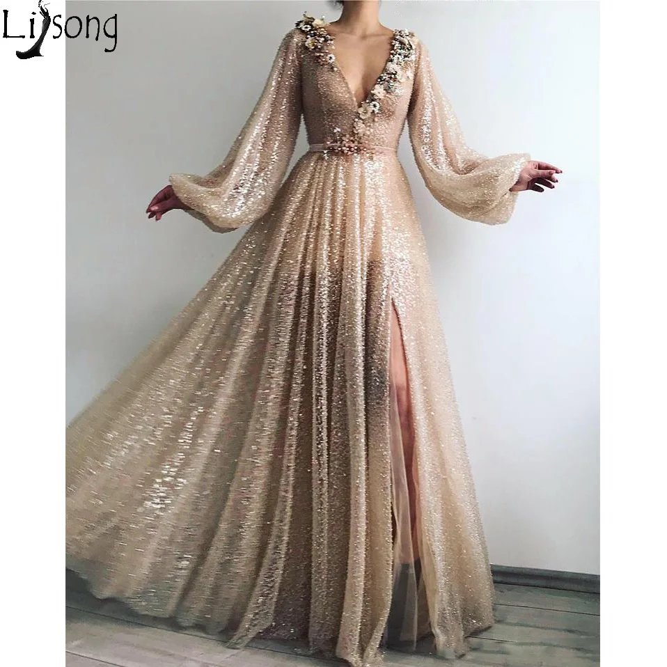 

Luxury Sparkle Gold Sequined Long Prom Gowns Puffy Full Sleeves 2019 Sexy Hide Side Split Floral Formal Dresses