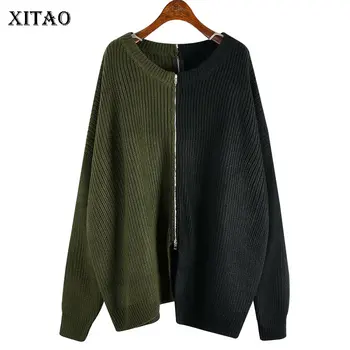 

XITAO Irregular Knitted Zipper Sweater Patchwork Hit Color Plus Size Women Clothes 2019 Fashion Pullover Elegant Sweater DMY1490