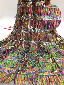 

high quality French Nigerian sequins net lace African tulle mesh sequence lace fabric for party dress multicolor