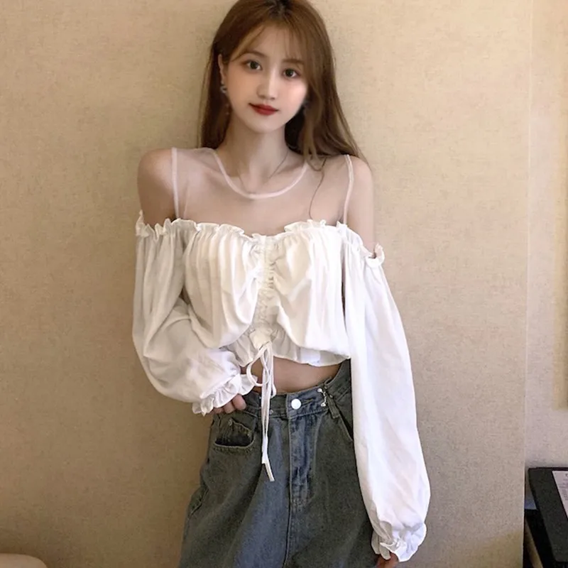 Mesh Splicing Chiffon Blouse Women Korean Fashion Long Sleeve Blouses Sexy Navel Exposed Short Shirt Tops