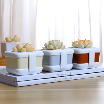 

Set of 3 Ceramic Flowerpots Square Planter Pots with Label Decorative Succulent Plant Pots for Cactus Mini Bonsai 3 Colors