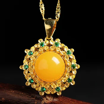 

925 silver inlaid natural amber pendant genuine yellow honey wax ball edifer necklace hanging pendant women's band certificate