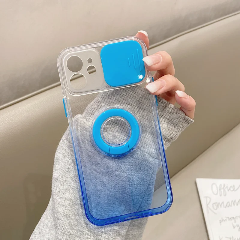 Slide Camera Protection Gradient Clear Case For iPhone 11 12 13 Pro Max XS X S XR 8 7 Plus Ring Holder Stand Transparent Cover phone cases for iphone 11 Pro Max 