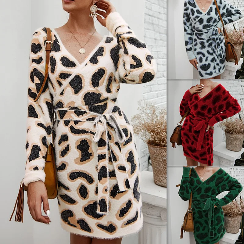 Платье-Свитер с леопардовым принтом 2020, женское винтажное длинное облегающее Повседневное платье, свободные вечерние платья с длинным
