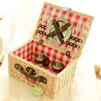 

Wicker picnic basket handmade green pastoral wicker mountain portable tableware camping shopping basket set