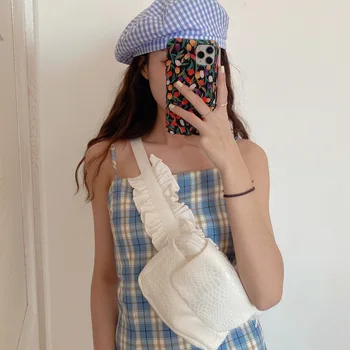 

Women PU Leather Fanny Pack Female White Waist Bag Purse Ladies Waistbag Girls Phone Pouch Chest Belt Bag Lotus leaf Bag Female