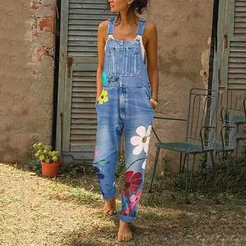 

Women Floral Print Jeans Pants Fashion Autumn Straps Neck Light Washed Romper Pockets Overalls Loose Sleeveless Denim Jumpsuit