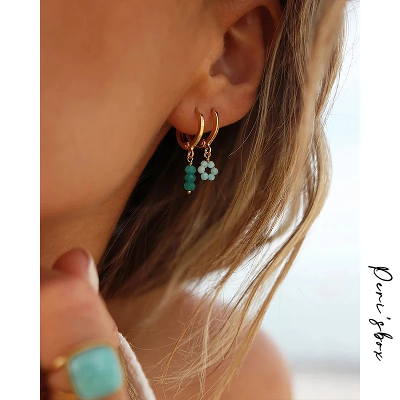 Peri'sBox 3 Designs Asymmetric Blue Beaded Hoop Earrings For Women Boho Acrylic Flower Huggie Earrings Gift Jewelry - Image 2
