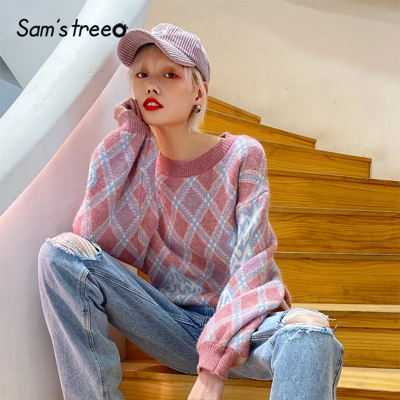Tanie SAM S TREE Pink Argyle Colorblock dzianinowy sweter Casual Women swetry 2020 Winter Blue latarnia rękaw koreański miękkie bluzki damskie