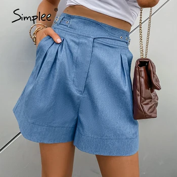 Shorts informales de cintura alta, drapeados de moda, con cremallera, color azul sólido, básicos, para vacaciones de verano 1