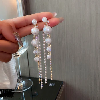 Long Dangle Earrings For Women New  2021 Fashion Kortean Full Crystal Pearl Tassel Drop Earring Vintage Gold Brincos Jewelry