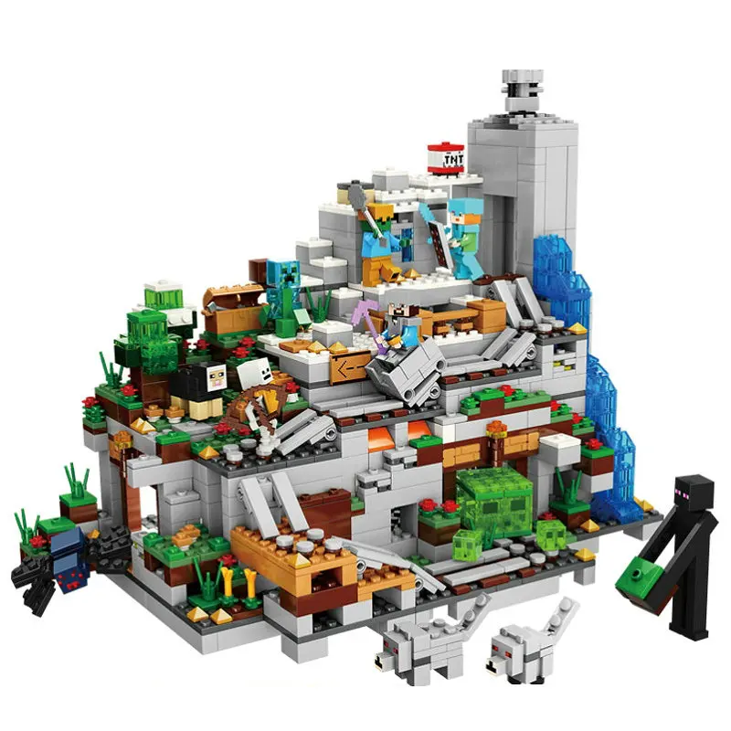 

The Small Mountain Cave Building Blocks With Steve Action Figures Compatible Lepining MinecraftINGlys Sets Toys For Children