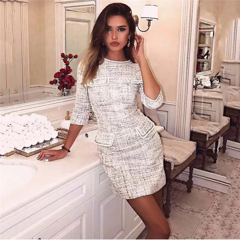 

Spring Autumn Dress Women Vintage O Neck Solid Three Quarter Sleeve Bodycon Mini Dress Fashion Elegant Casual Dress Vestido 5