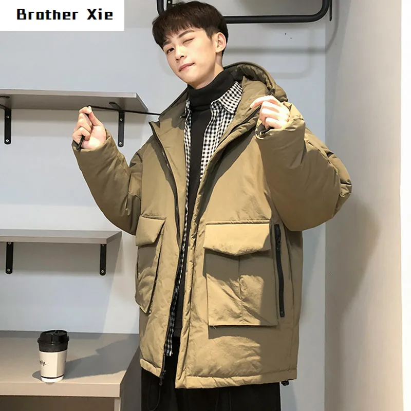 

Three-cWinter Thickening Big Pocket Jacket Men's Warm Fashion Parka Men Solid Color Casual Hooded Coat Man Loose Cotton Jacket