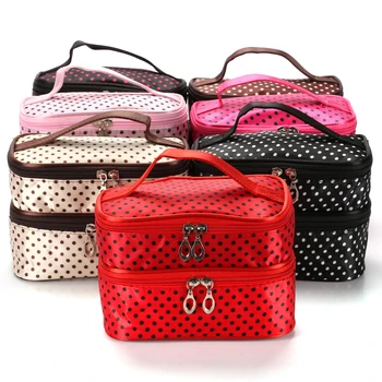 

Women Travel Wavelet Dot Double Makeup Bag Organizer Waterproof Cosmetic Storage High Capacity Zipper Bag Convenient Handbag