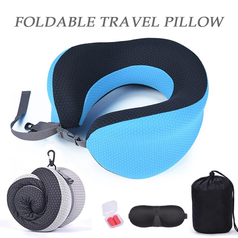 

Foldable Adjustable U Shape Travel Pillow with Eyemask Eerplug Slow Rebound Memory Foam Office Home Nap Neck Pillow Car Aircraft