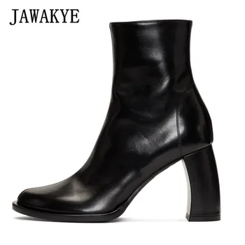 

Stylish Crooked Heels Black Ankle Boots Woman Round Toe Genuine Leather Short Boots Runway Party Shoes Formal Dress Boots Woman