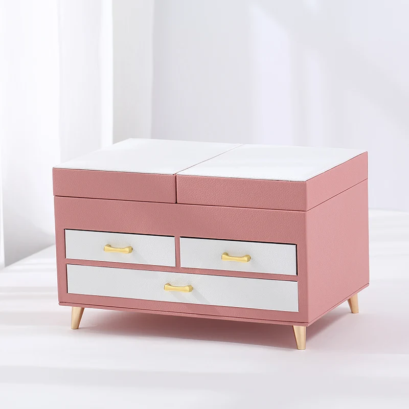 

Casegrace Large PU Leather Contrast Pink White Drawer Jewelry Box Organizer Necklace Ring Earring Jewellery Storage Case Casket