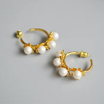 

OL brass gold plated pearl flower 925 silver needle sweet goddess temperament circle earring ear ring