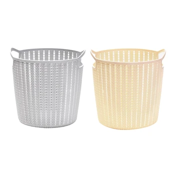 

2Pcs Round Storage Basket with Handle Debris Clothes Bucket Toys Books Organizer Plastic Organizer - Light Grey & Beige