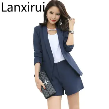 

Work Wear Short Pants Suit Women Summer Autumn Long -Sleeved Blazer With Shorts Ol Office Ladies Formal Suits Navy Khaki